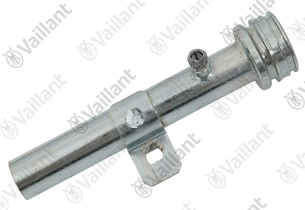 Vaillant Gasanschluss mit einem metallischen, zylindrischen Körper, seitlichem Anschluss und einer Halterung zur Montage.